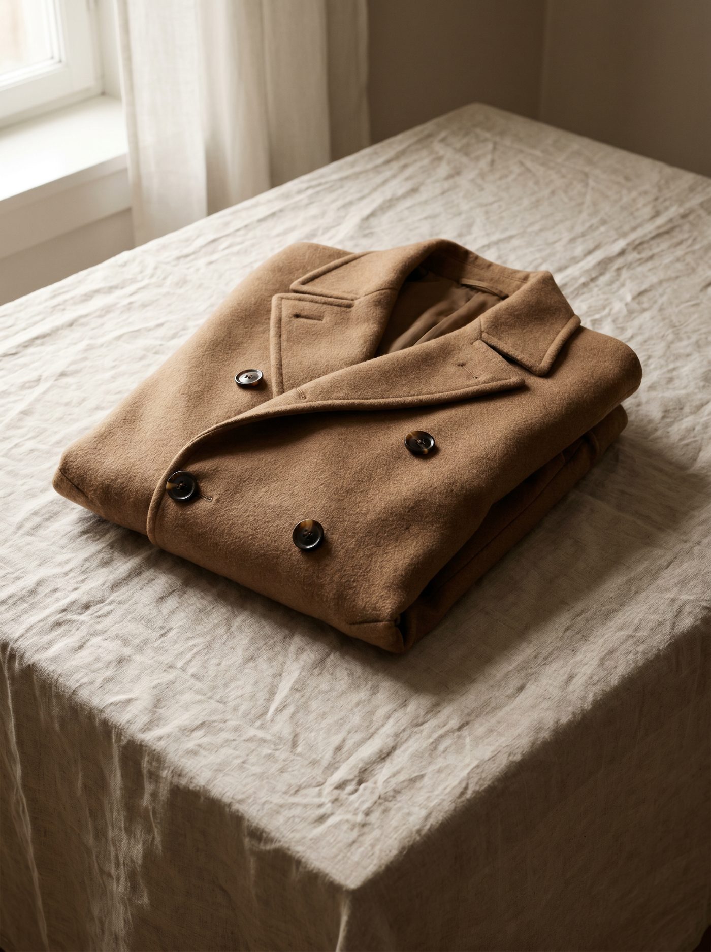 Camel wool overcoat flat