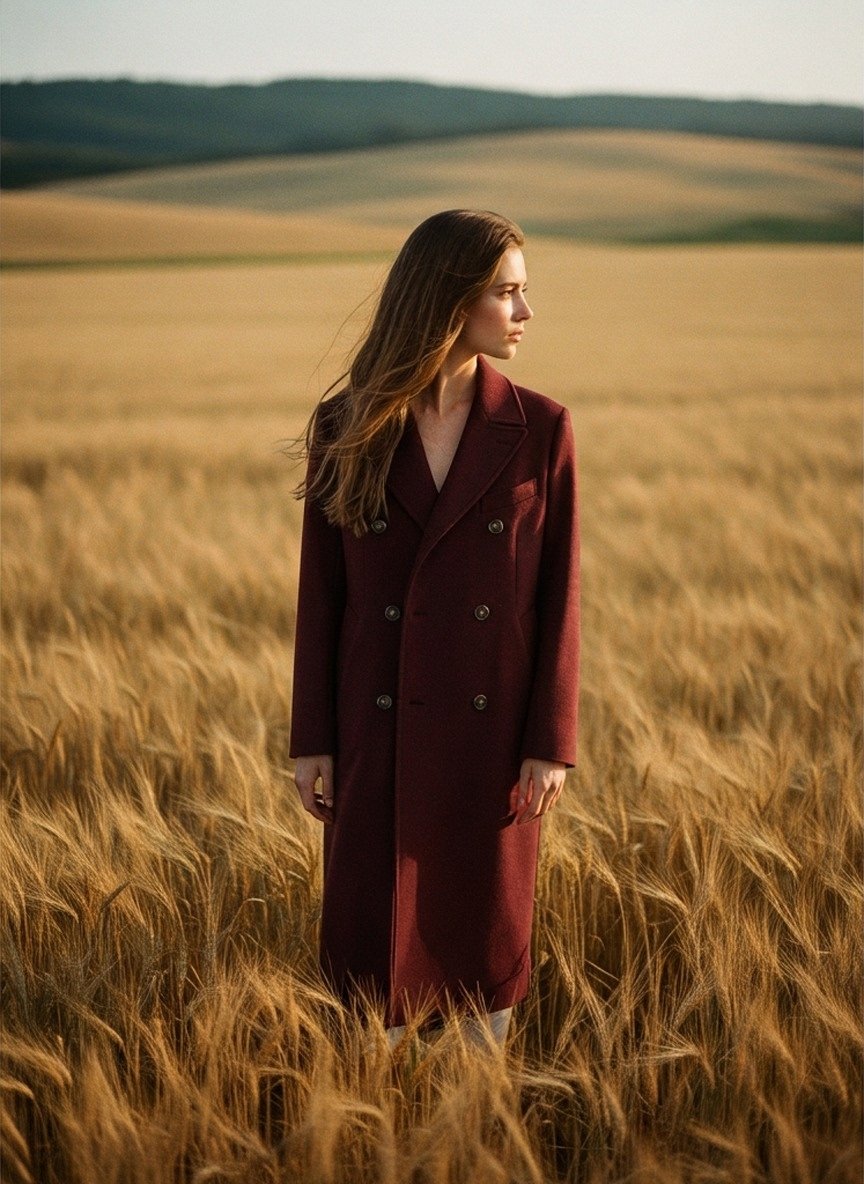 Model dressed in the bordeaux overcoat — generated by Wrapt