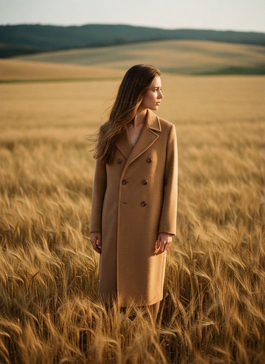 Model dressed in the camel overcoat — generated by Wrapt