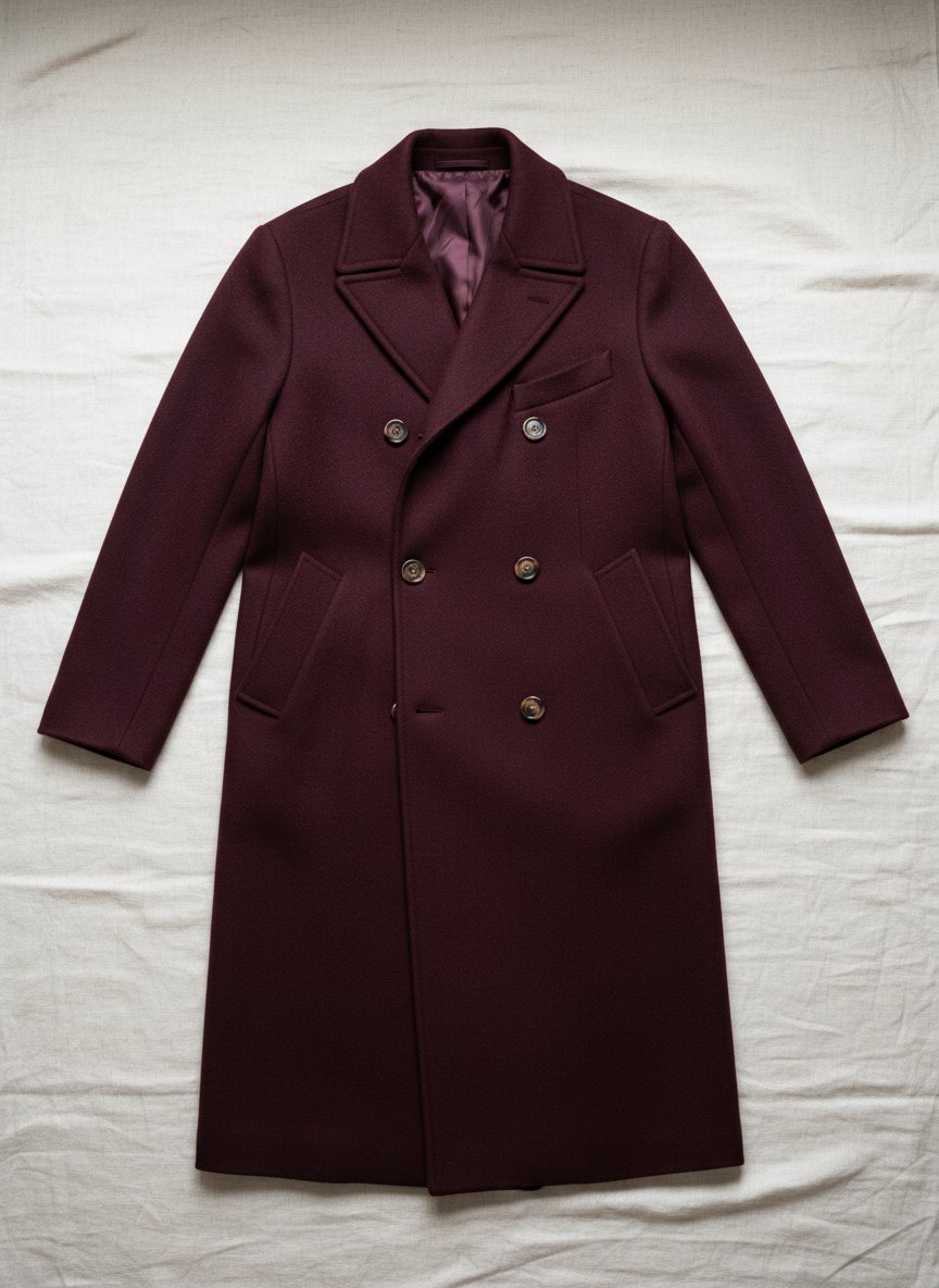 Bordeaux wool overcoat, flat-lay