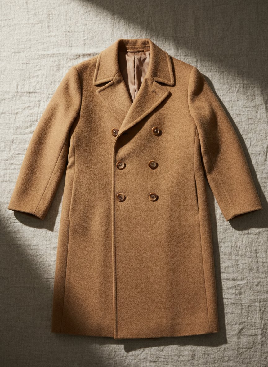 Camel wool overcoat, flat-lay