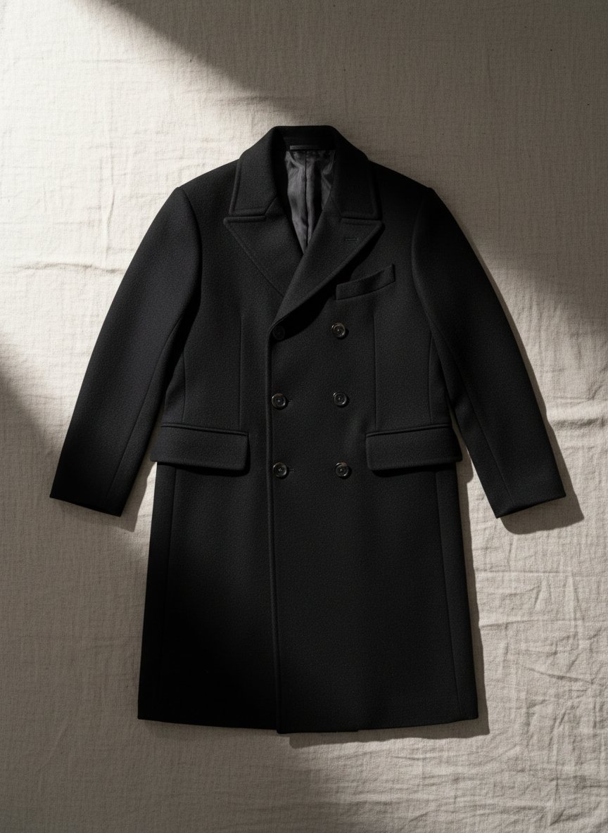 Black wool overcoat, flat-lay
