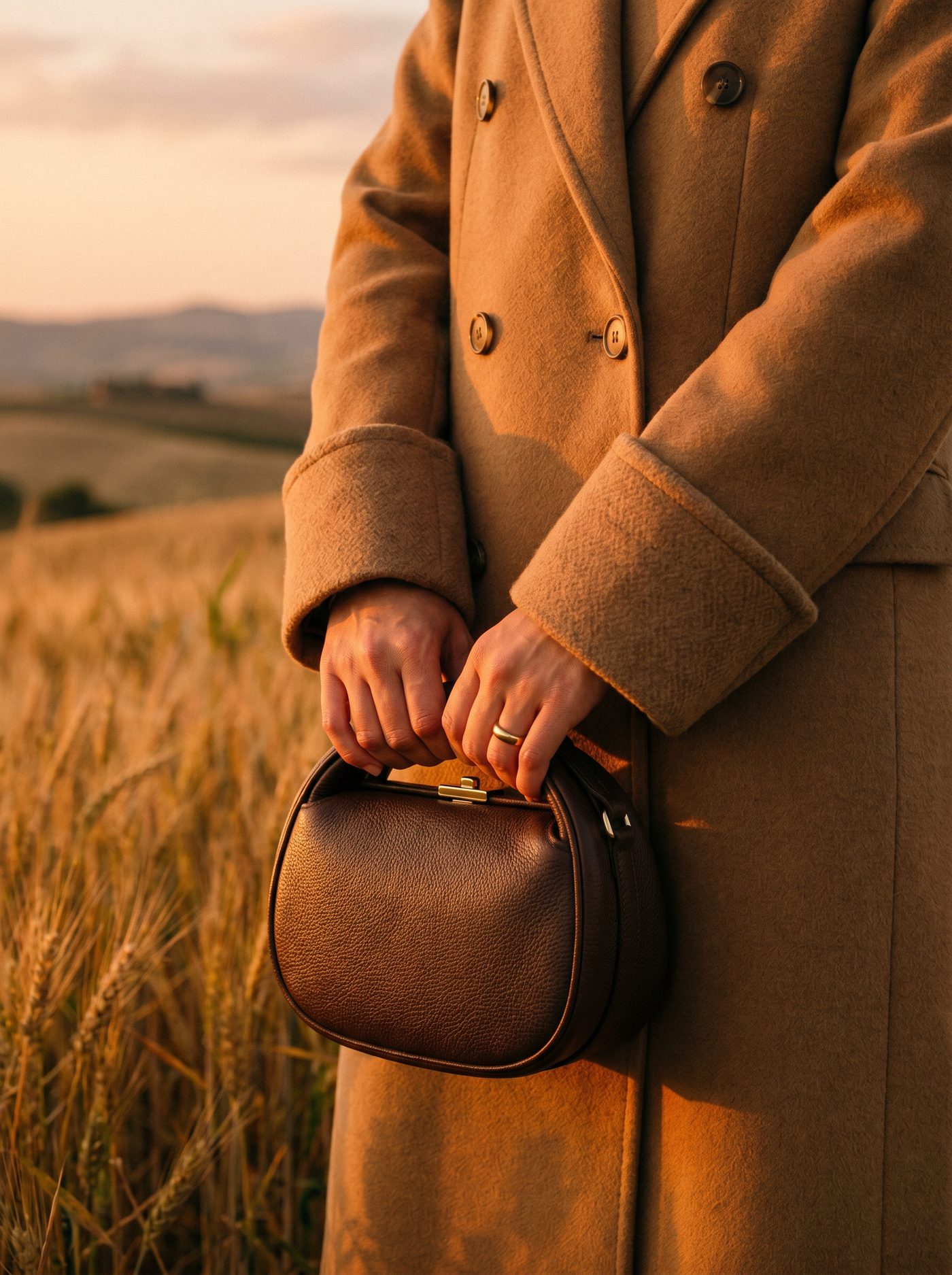 Hands in a camel coat holding an espresso leather bag