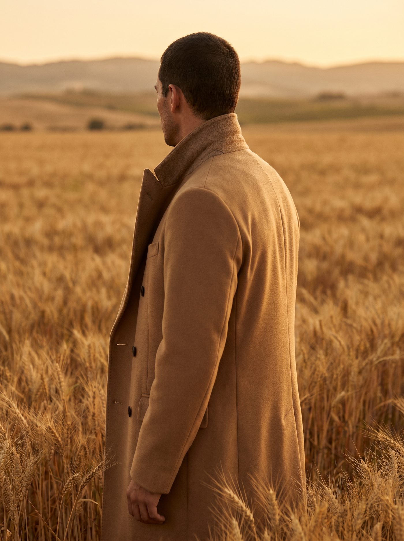 Man in a camel overcoat in a golden wheat field